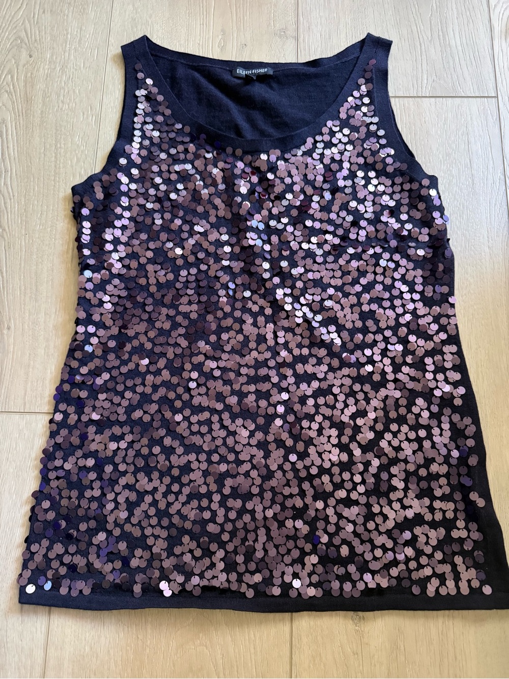 EILEEN FISHER shell sweater tank top deep purple merino wool sequins Size Small - Picture 2 of 5